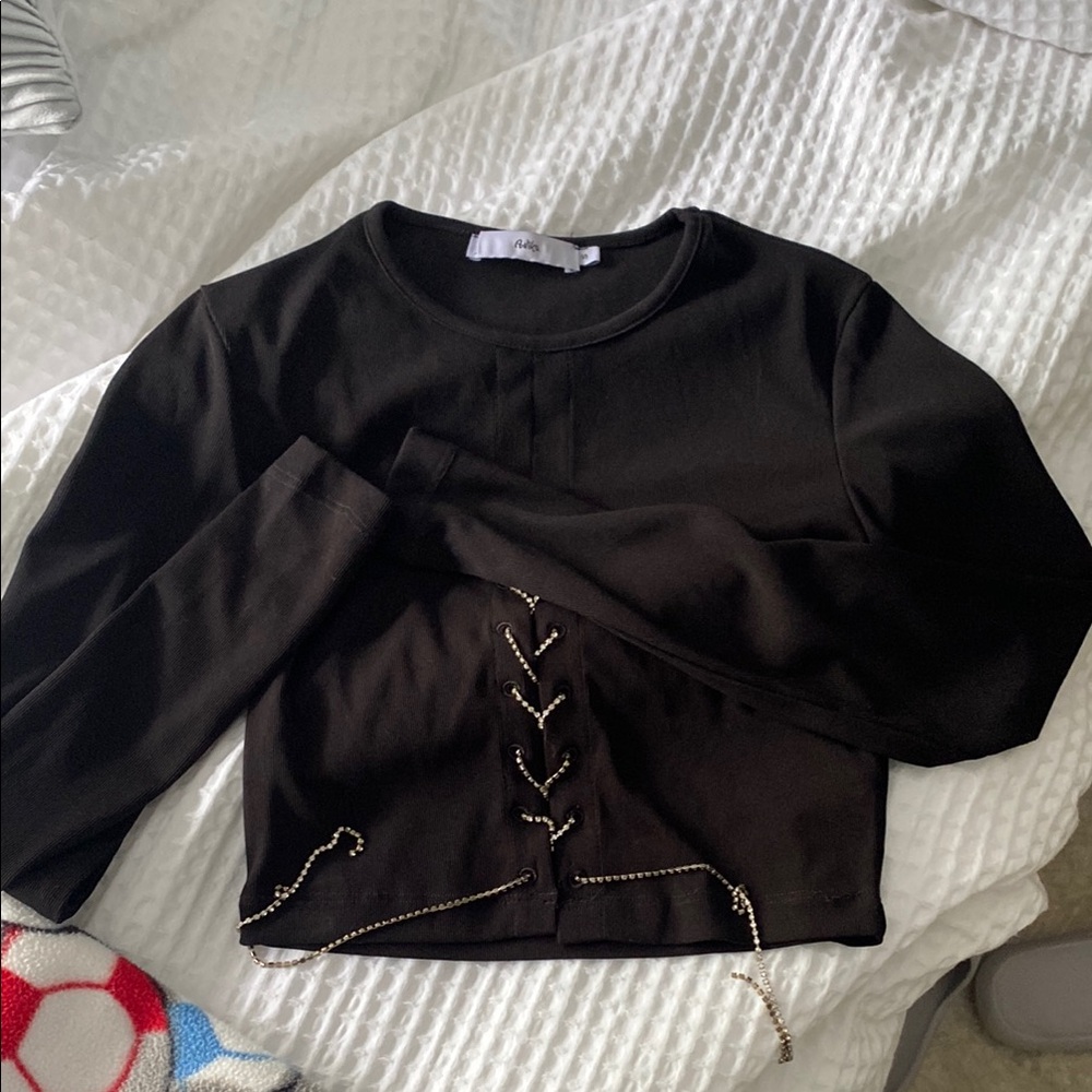 Adika Black Long Sleeve Crop Top with Chain Detail